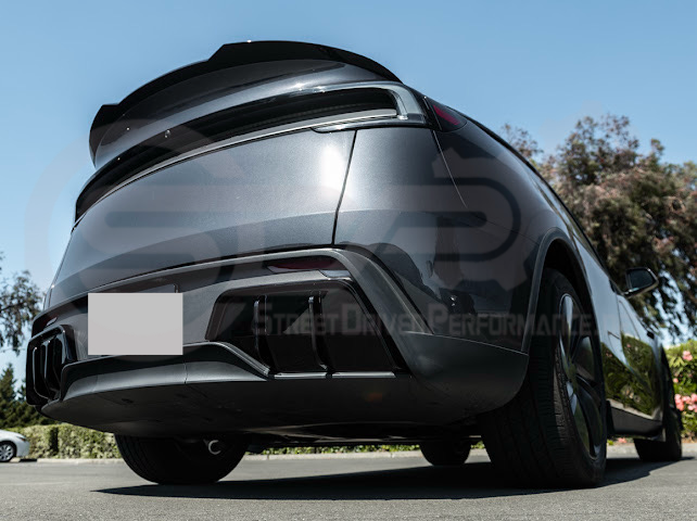 2025-Up Tesla Model Y | Fast Style Glossy Black Rear Bumper Finned Diffuser
