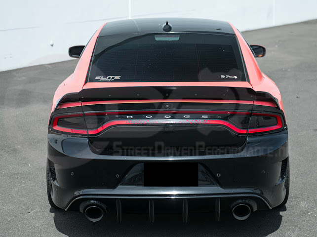 Dodge Charger SRT Hellcat Redeye style rear trunk wing spoiler in matte black on a 2015-2023 model.
