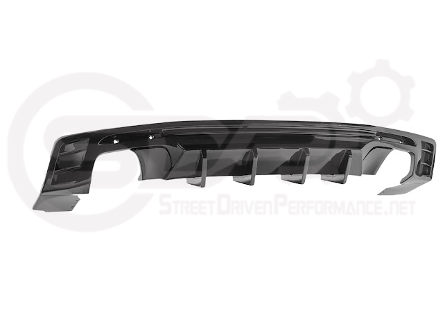 Glossy black rear bumper diffuser for 2016-2024 Chevrolet Camaro by SDP Performance, featuring finned lower design for a sporty look