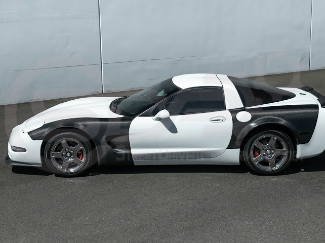Factory style carbon fiber front and rear widebody fenders for 1997-2004 Chevrolet Corvette C5 hatchback by Street Driven Performance.