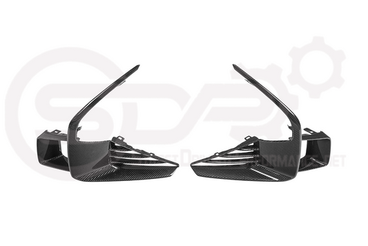 Pair of carbon fiber front bumper lower side air duct inserts for 2025-up Cadillac CT5-V Blackwing by Street Driven Performance.
