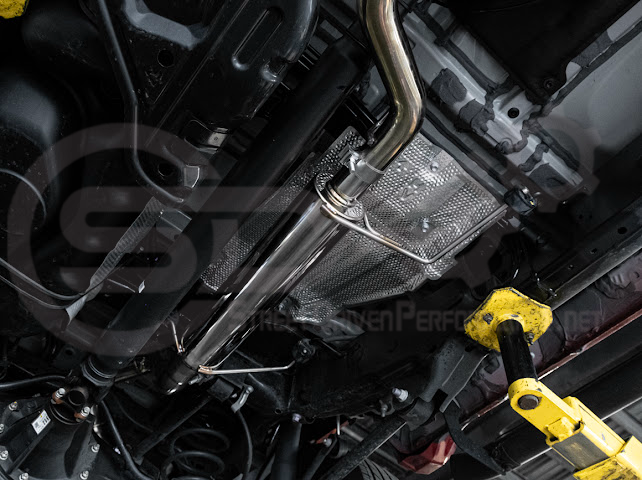 Toyota 4Runner 2025+ cat-back exhaust system by Street Driven Performance with chrome or burnt blue turn-down tips, exhaust pipe and tips visible.