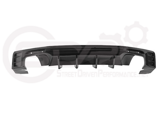 Glossy black rear bumper diffuser for 2016-2024 Chevrolet Camaro by SDP Performance, featuring finned lower design for a sporty look.
