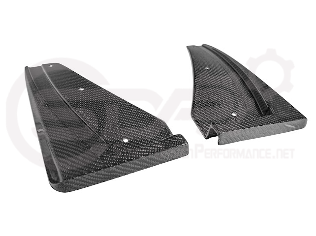 Pair of black carbon fiber mud flaps for 2022-up Cadillac CT5-V Blackwing, designed by Street Driven Performance, installed on front and rear wheels.