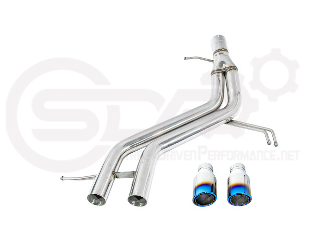 Hyundai Veloster Turbo 2013-2018 exhaust axle back with dual 4-inch muffler delete tips, available in burnt or chrome finish.