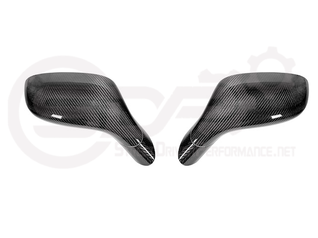 Set of four dry carbon fiber side mirror cap covers for 2005-2013 Chevy Corvette C6, tape-on installation, by Street Driven Performance.