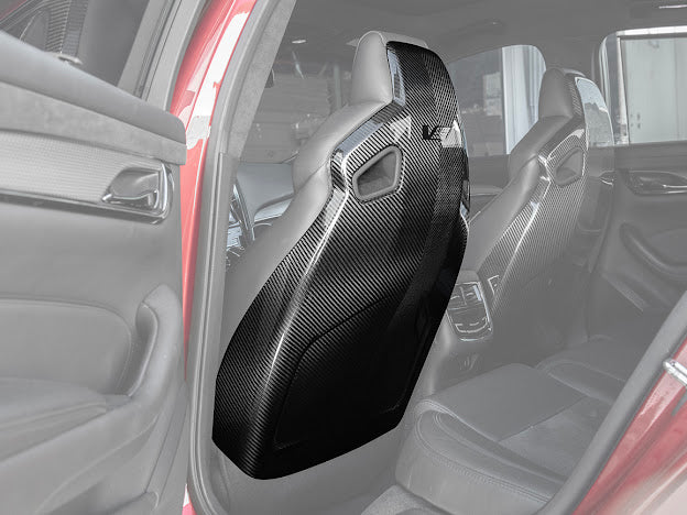 Cadillac ATS-V sedan Recaro carbon fiber seat rear panel covers for driver and passenger, replacement parts by Street Driven Performance.