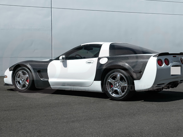 Factory style carbon fiber front and rear widebody fenders for 1997-2004 Chevrolet Corvette C5 hatchback by Street Driven Performance.