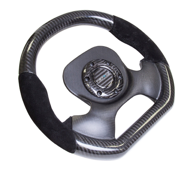 NRG 320mm carbon fiber steering wheel with CF center plate, two-tone carbon and suede trim handles, racing-inspired design