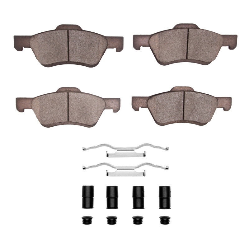 Ford Escape front ceramic brake pads and hardware kit by R1 Concepts, showing new OE brake pads and hardware components.
