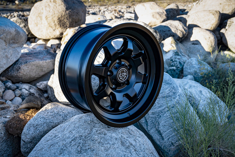ICON Nuevo 17x8.5 satin black cast wheel with 5x150 bolt pattern, 25mm offset, and 5.75-inch backspacing.