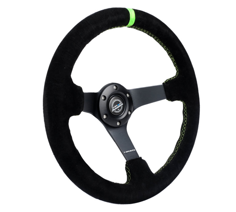 NRG reinforced 350mm black suede steering wheel with neon green stitching and 5mm matte black spoke for sports cars.