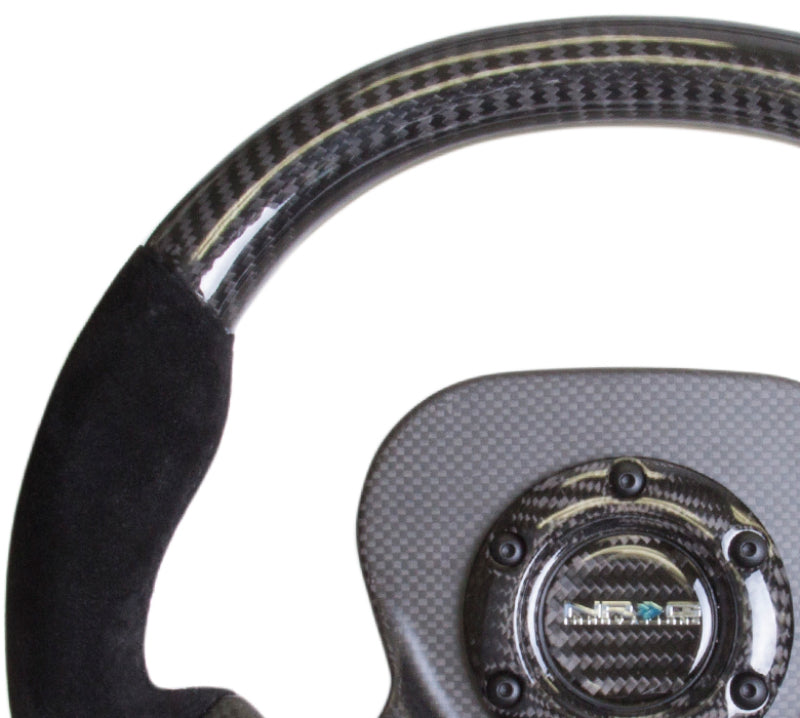 NRG 320mm carbon fiber steering wheel with CF center plate and two-tone carbon and suede trim handles, showing close-up details.