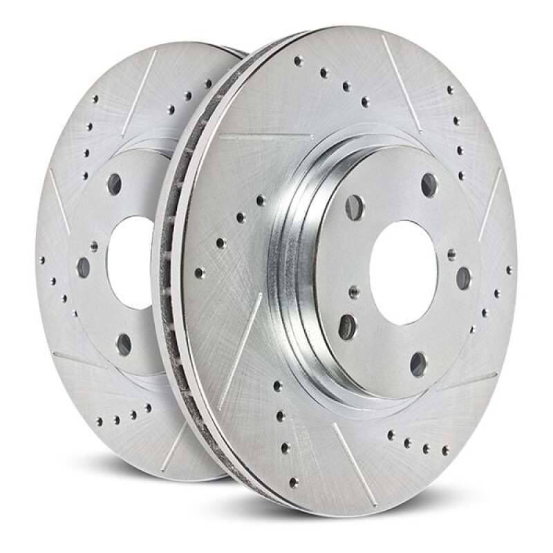PowerStop front drilled and slotted brake rotors for 2019-2025 Acura RDX, pair of high-performance automotive brake rotors.