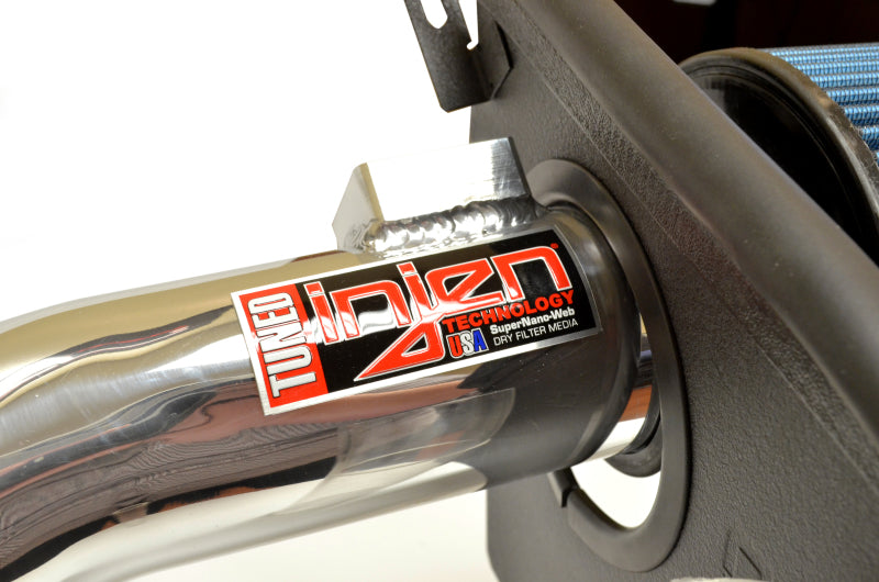 Polished Injen cold air intake for 2017-2018 Toyota iA 1.5L engine, showcasing the sleek metal construction and intake tube.