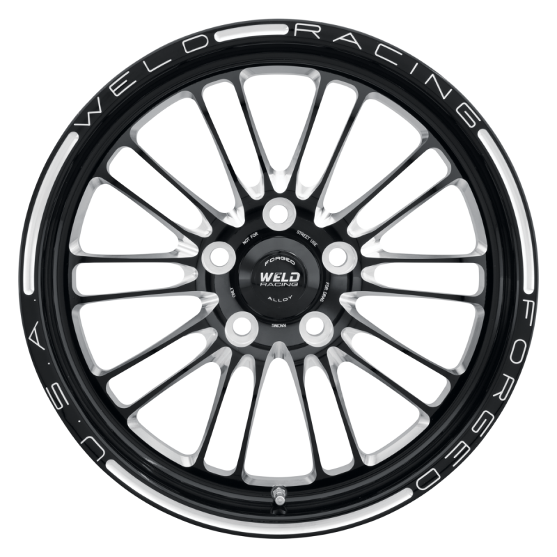 Weld RPM Frontrunner forged wheel in gloss black milled finish, 15x3.5 inches with 5x4.5 bolt pattern and 2.25 BS, 3.18 HB.