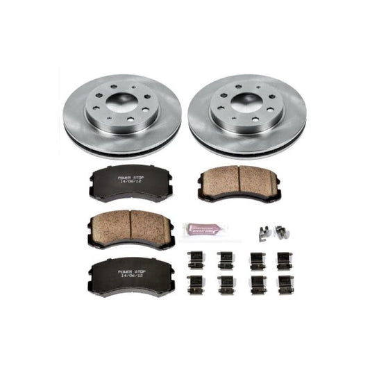PowerStop OE front brake kit for Mitsubishi Lancer 2002-2007, including brake pads and rotors, shown in the image.