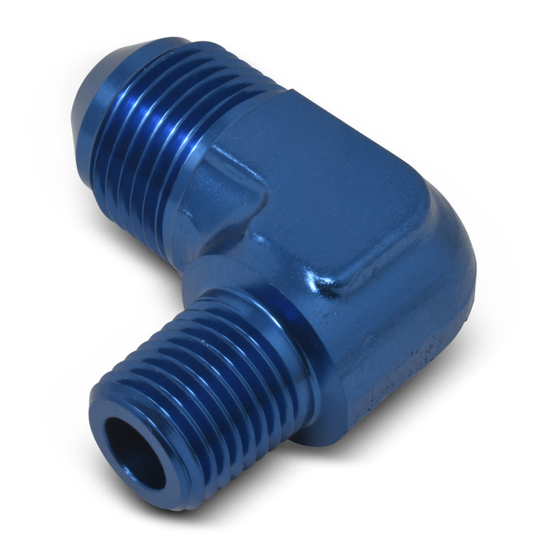 Russell Performance blue -6 AN to 1/8 inch NPT 90-degree flare to pipe fitting, showing the blue anodized metal adapter.