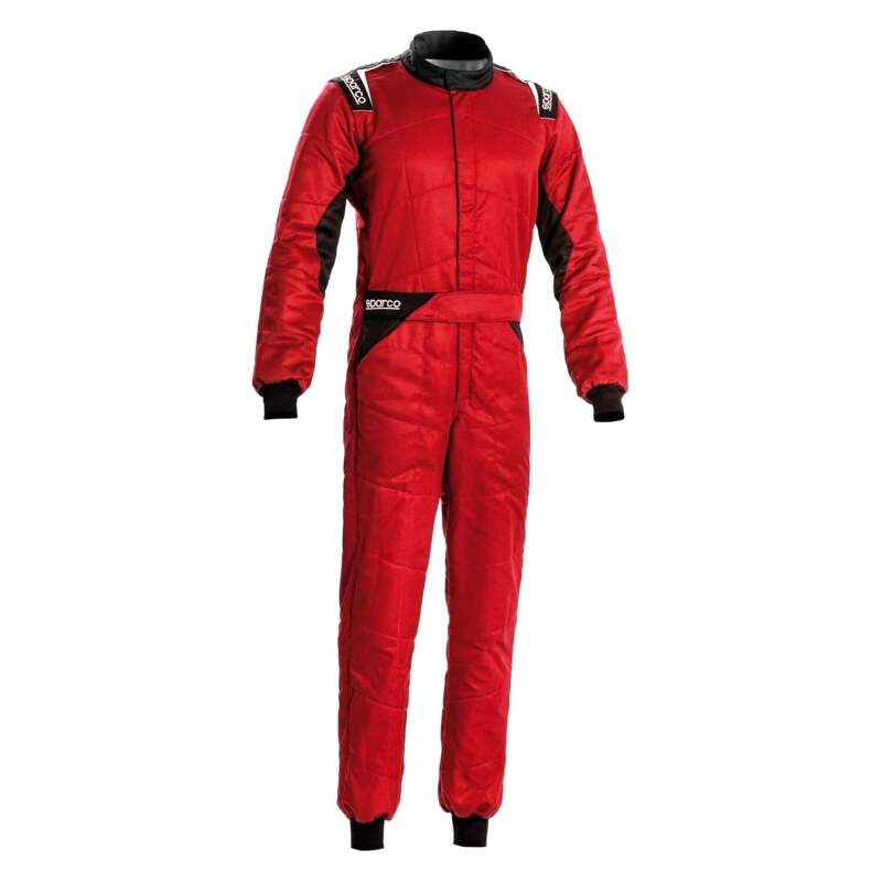 Red and black Sparco Sprint 48 racing suit with racing details, designed for motorsport drivers.