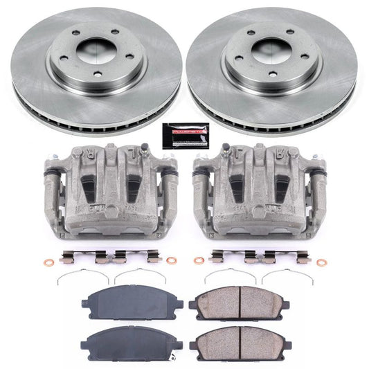 PowerStop OE front brake kit with calipers for Nissan Quest 2004-2009, including brake rotors and calipers.