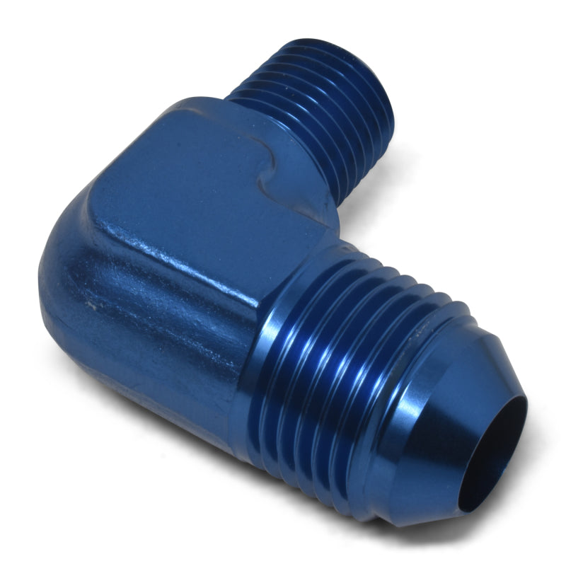 Russell Performance blue -6 AN to 1/8 inch NPT 90-degree flare to pipe fitting adapter, featuring a metallic blue finish.