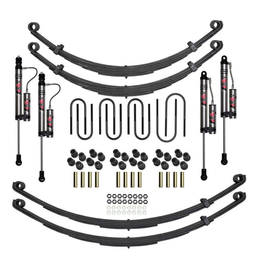 Skyjacker Scout II 4-foot lift kit with ADX suspension components, featuring metal parts and installation details for off-road vehicles.