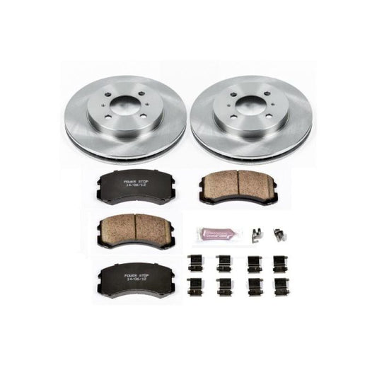 PowerStop OE front brake kit for Mitsubishi Lancer 2002-2007, including brake rotors and pads for reliable stopping power.