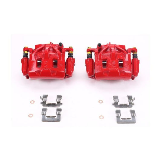 Pair of PowerStop front red brake calipers with brackets for Subaru B9 Tribeca 2006-2007, performance brake calipers for enhanced stopping power.