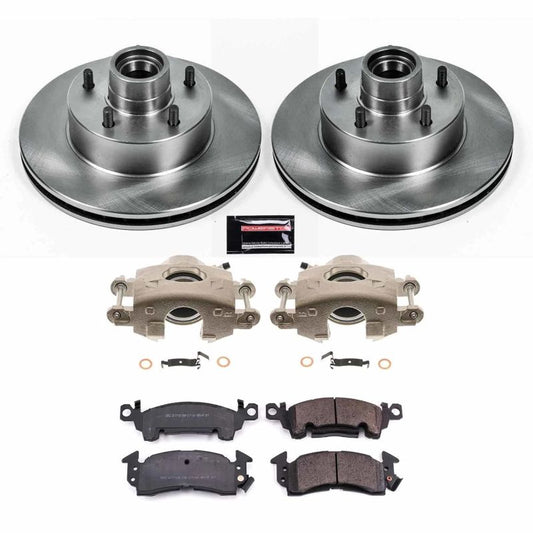 PowerStop OE front brake kit with calipers for 1977 Buick Century, featuring brake rotors and components, installed on the vehicle.