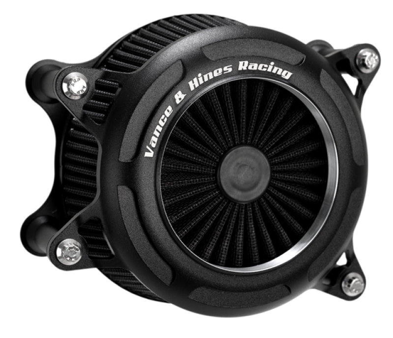 Vance & Hines Sportster VO2 Onyx short ram air intake kit for Harley-Davidson motorcycle, shown with black finish and sleek design.