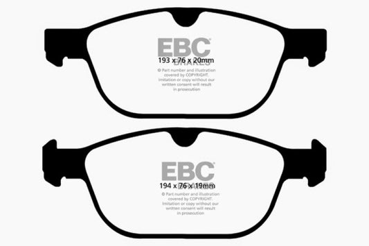 EBC Redstuff front brake pads for Volvo XC60 3.0 Turbo, performance brake pads with red friction material and metal backing