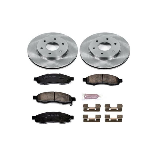 PowerStop OE front brake kit for Infiniti QX56 2004-2005, includes brake rotors and pads, ready for installation.