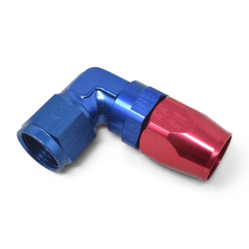 Russell Performance -6 AN red and blue forged aluminum 90-degree swivel hose fitting showing detailed close-up of the fitting.
