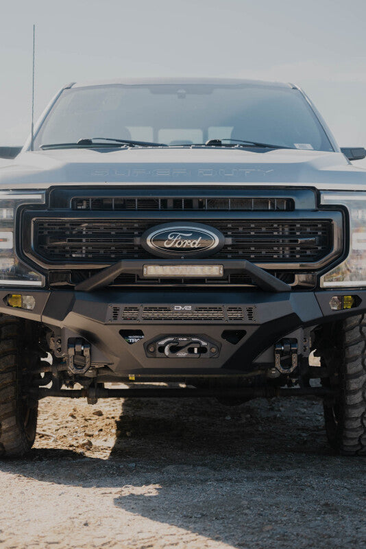 DV8 Offroad steel front bumper for Ford Super Duty F-250/F-350 2017-2022, durable heavy-duty bumper with rugged design.