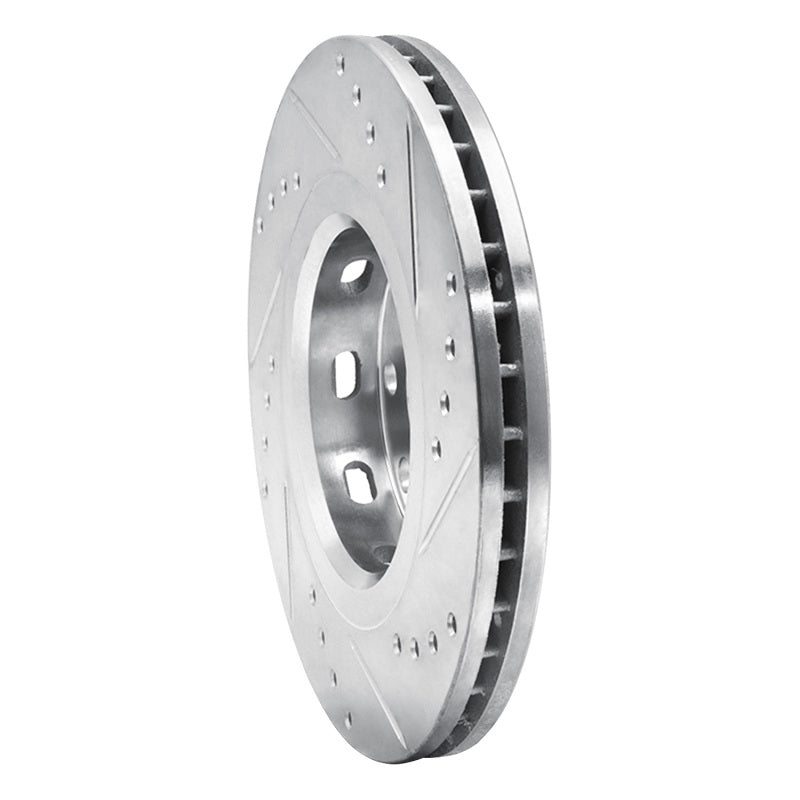 Silver drilled and slotted R1 Concepts brake rotor for Chevrolet AVEO front left wheel, high-performance brake component.