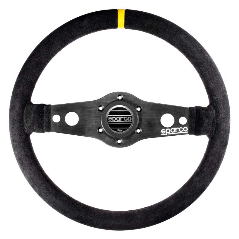 SPARCO R215 flat leather steering wheel with black grip and metal spokes, designed for racing and sports cars.
