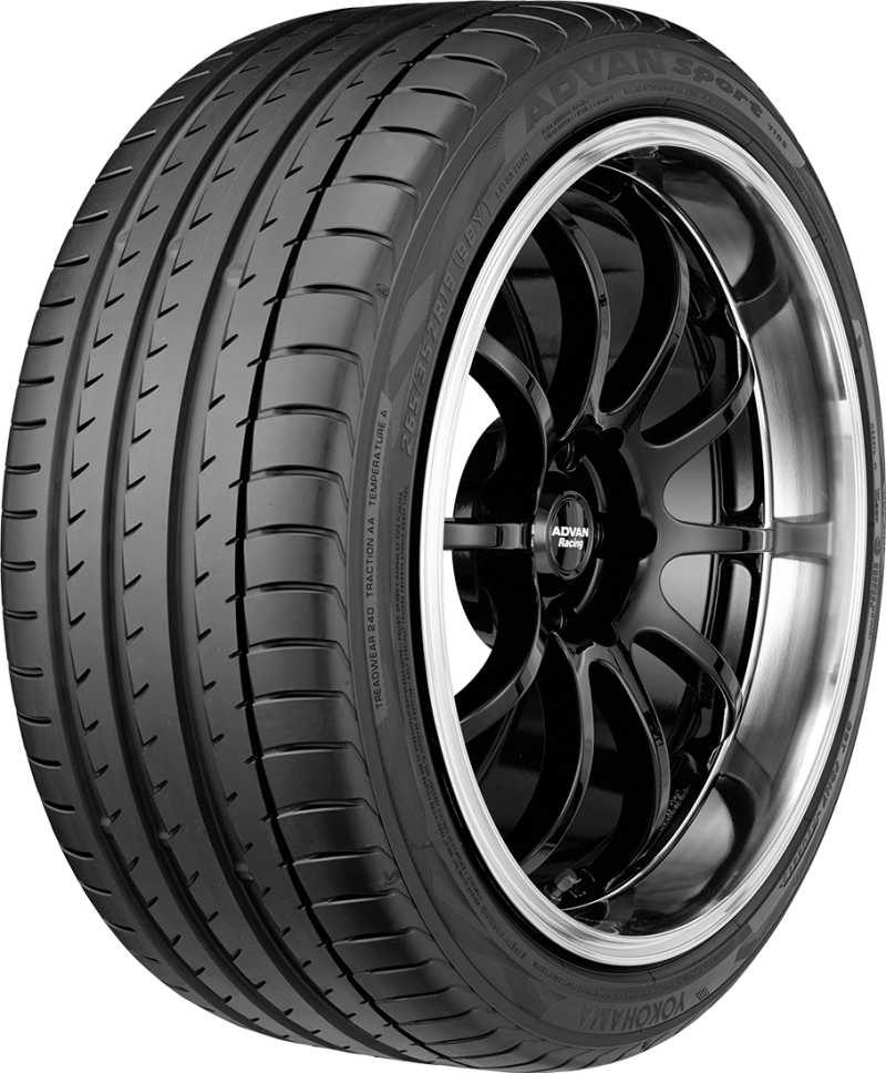 Yokohama Advan Sport V105 tire, 245/50R19 105W, on-road UTV tire showing tread pattern and sidewall branding.