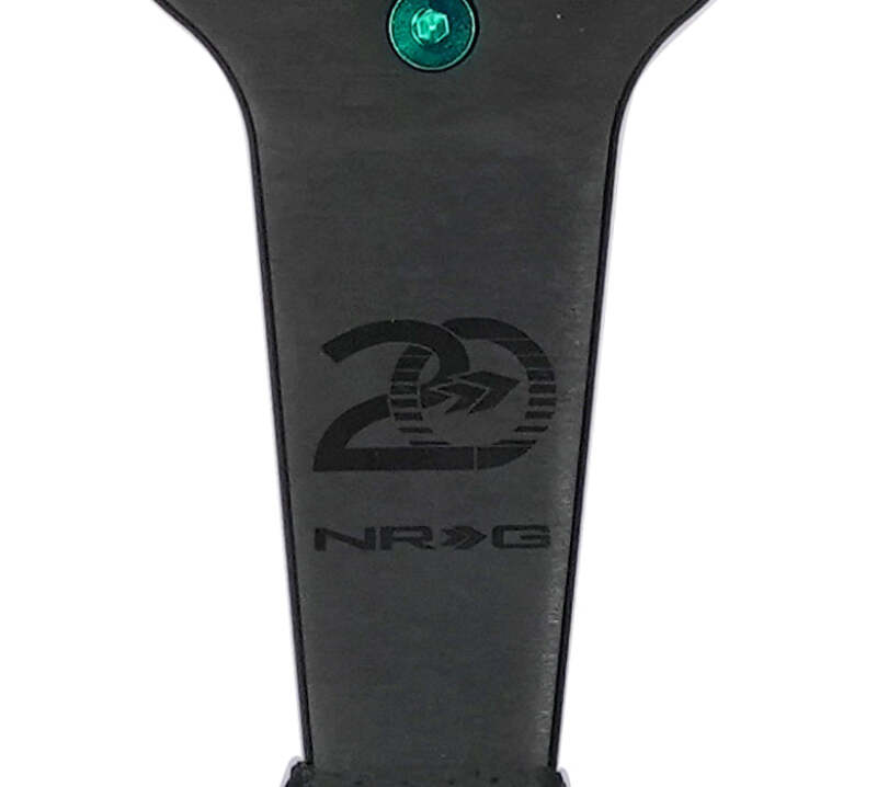 NRG black perforated leather steering wheel with emerald stitching, 350mm diameter, 1.5-inch dish, reinforced spoke for racing cars.
