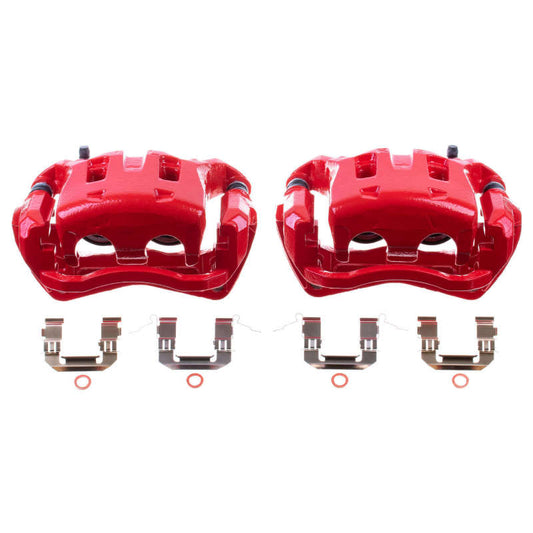 Pair of PowerStop red front brake calipers with brackets for 2008-2011 Nissan Pathfinder, performance brake calipers set.