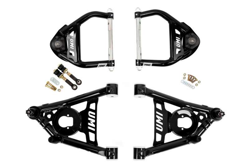 UMI Performance GM A-Body tubular upper and lower front control arms with Delrin bushings for enhanced suspension performance.