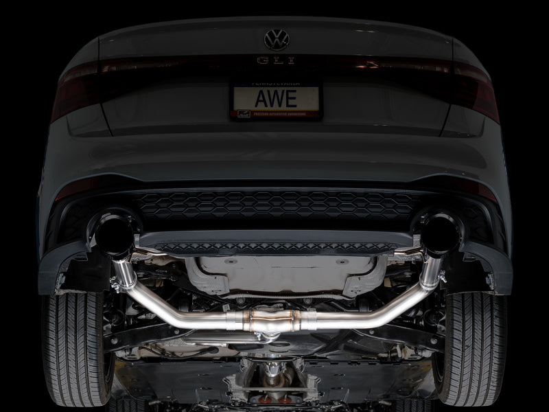 AWE Tuning 22-25 Volkswagen Jetta GLI Track Edition catback exhaust with diamond black tips, shown installed on the vehicle.