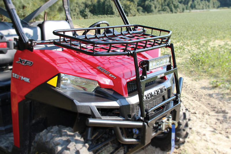 Seizmik black cargo hood rack for Polaris Ranger 500-900 XP Crew, designed for secure storage and organization.