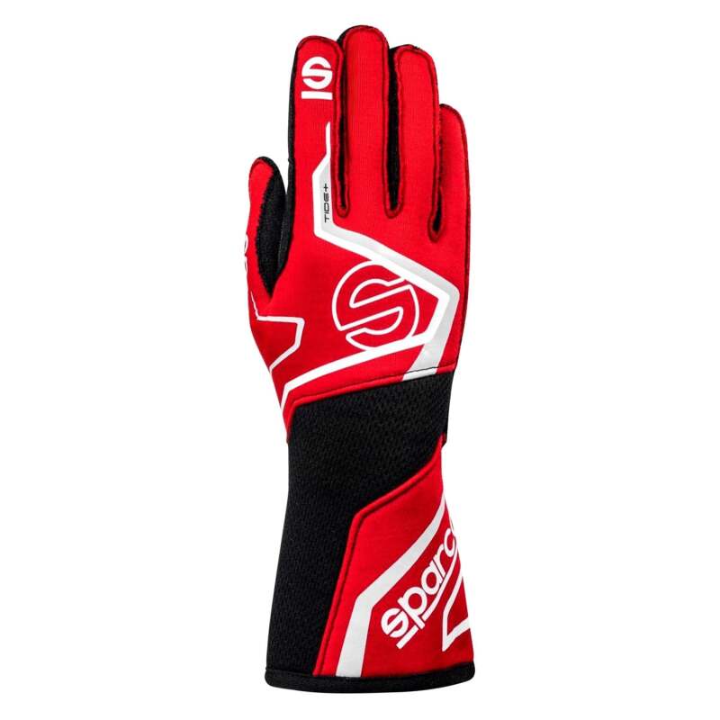 Sparco Tide Red and Black racing gloves with padded design, crafted for racing drivers, featuring snug fit and high grip.