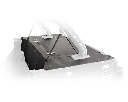 DV8 Offroad 2018+ Jeep Wrangler JL 4-door rear storage cover tailgate accessory, securely fits rear cargo area.