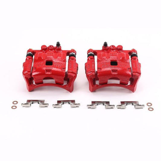 Pair of PowerStop red front brake calipers with brackets for Ford Fiesta 2011-2017, performance brake calipers for enhanced stopping power.