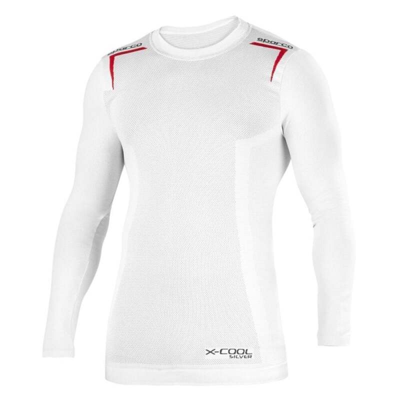 White Sparco K-Carbon undershirt for men, XS size, shown laid flat with soft fabric and logo branding visible.