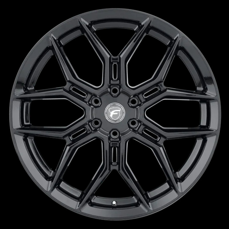 Forgestar X12 22-inch cast wheel in gloss black, 6x135 bolt pattern, ET30 offset, 6.68-inch backspacing, shown from a side angle