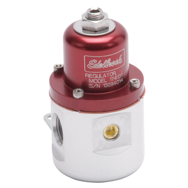 Edelbrock fuel pressure regulator for carbureted engines, red and clear, with 3/8 inch inlet/outlet and 5-10 PSI pressure gauge