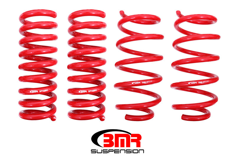 Set of four red BMR Suspension lowering springs for Dodge Challenger 2018-2019, drops the ride height by 1.25 inches.
