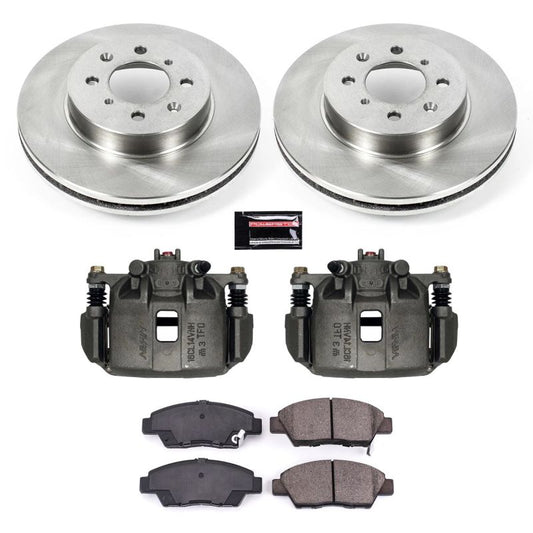 PowerStop OE front brake kit with calipers for Honda Fit 2009-2014, includes brake rotors and caliper assemblies.